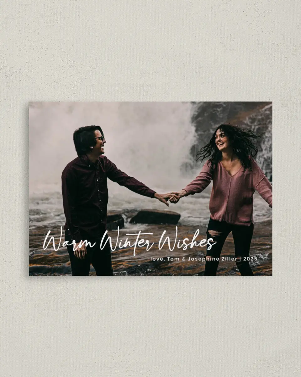 This is a 4" x 5.6" Christmas Card called Warm Wishes printed in full color with Rose Gold foil on Soft Suede (coated) paper