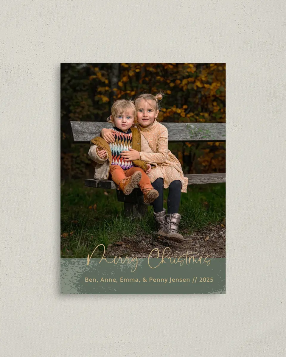 This is a 4" x 5.6" Christmas Card called Brushed Banner printed in full color with Rose Gold foil on Soft Suede (coated) paper