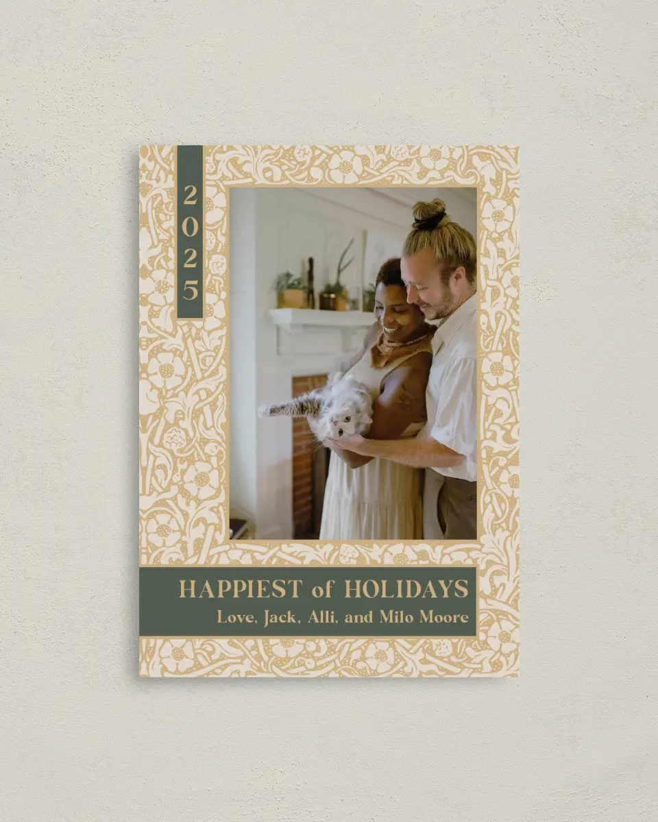 This is a 4" x 5.6" Christmas Card called Holiday Reverie printed in full color with Rose Gold foil on Soft Suede (coated) paper