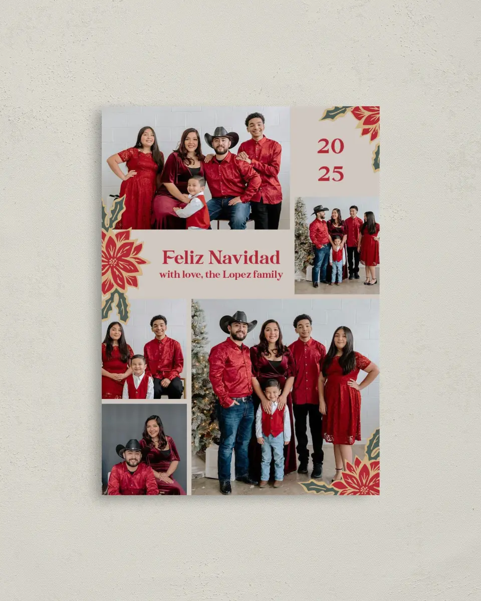 This is a 4" x 5.6" Christmas Card called Floral Festival printed in full color with Rose Gold foil on Soft Suede (coated) paper