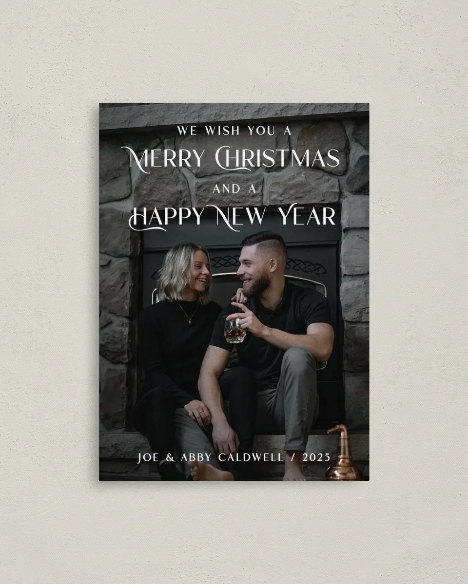 This is a 4" x 5.6" Christmas Card called Christmas Celebration printed in full color with Rose Gold foil on Soft Suede (coated) paper