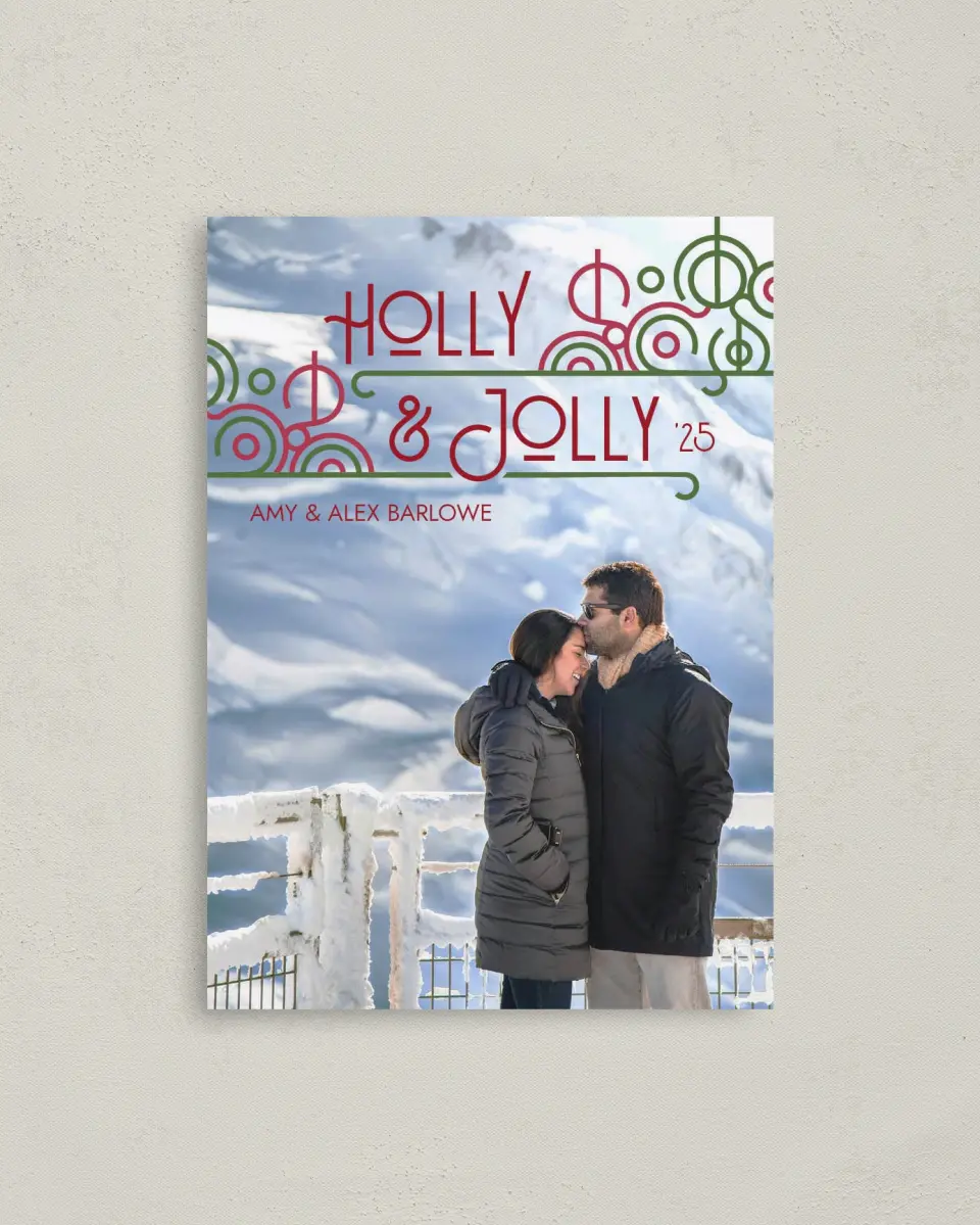 This is a 4" x 5.6" Christmas Card called Holly & Jolly printed in full color with Silver foil on Soft Suede (coated) paper