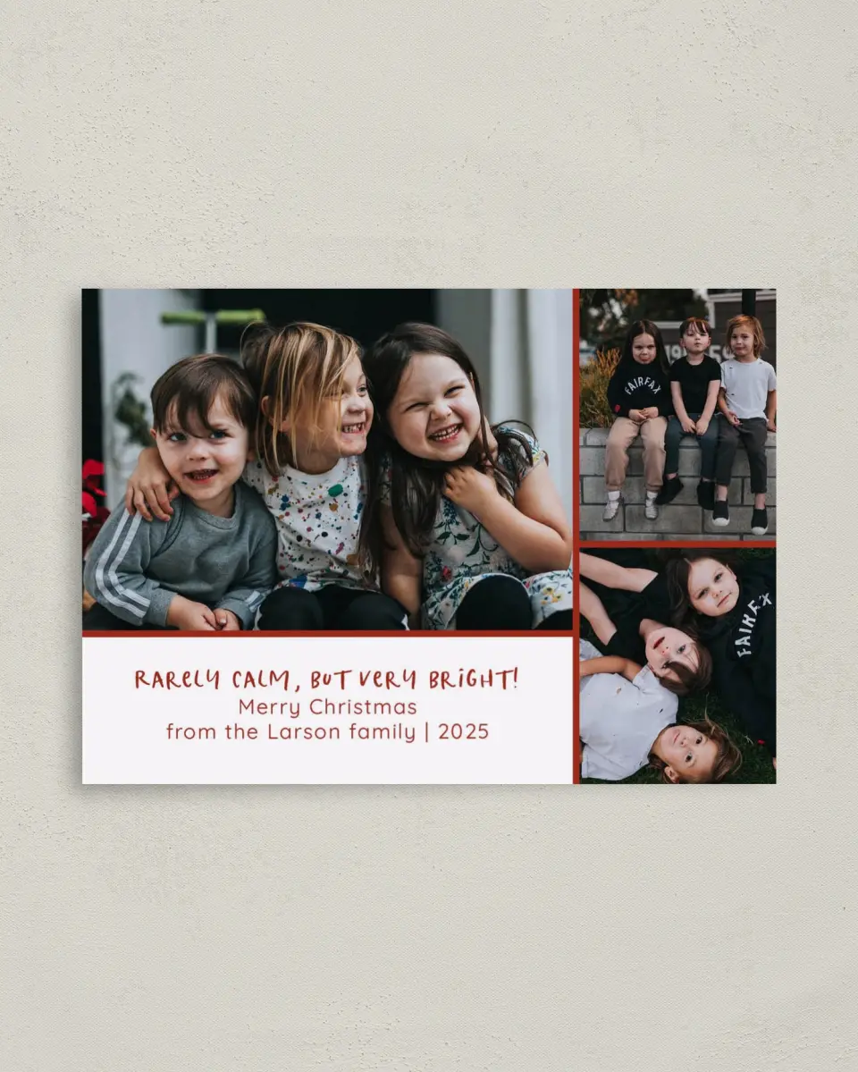 This is a 4" x 5.6" Christmas Card called Cheerful Chatter printed in full color with Rose Gold foil on Soft Suede (coated) paper