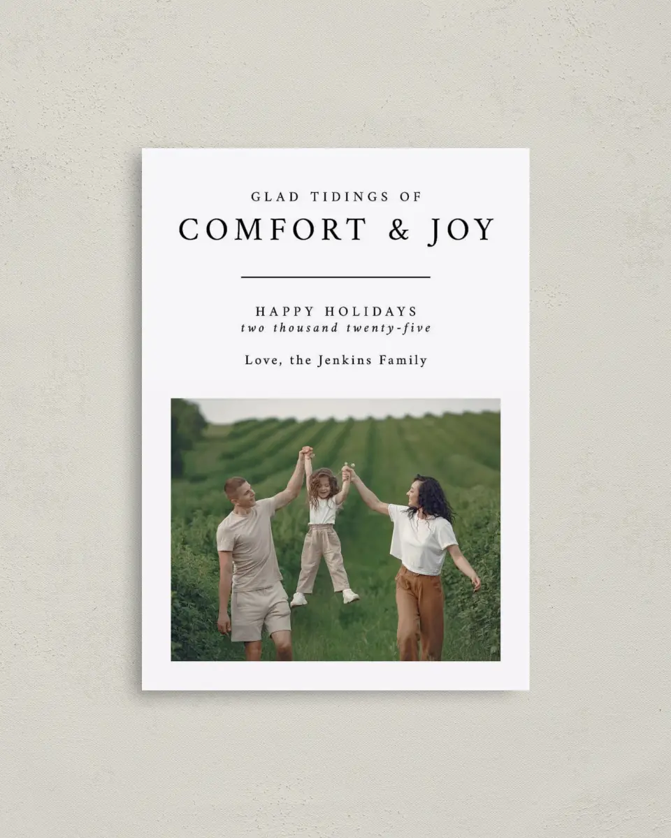 This is a 4" x 5.6" Christmas Card called Classic Comfort printed in full color with Silver foil on Soft Suede (coated) paper