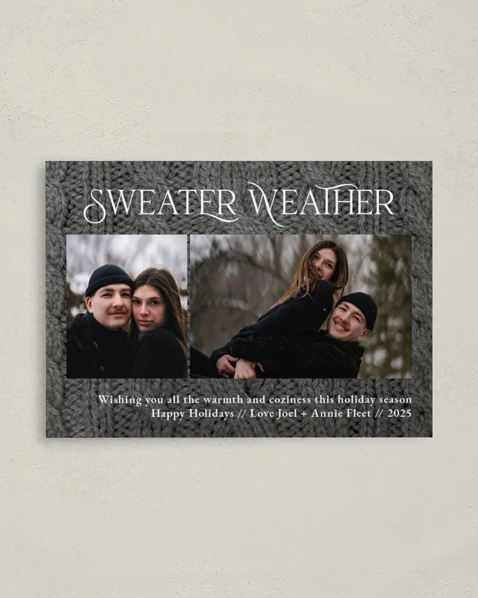 This is a 4" x 5.6" Christmas Card called Sweater Weather printed in full color with Rose Gold foil on Soft Suede (coated) paper