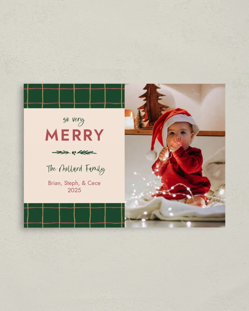 This is a 4" x 5.6" Christmas Card called So Very Merry printed in full color with Rose Gold foil on Soft Suede (coated) paper