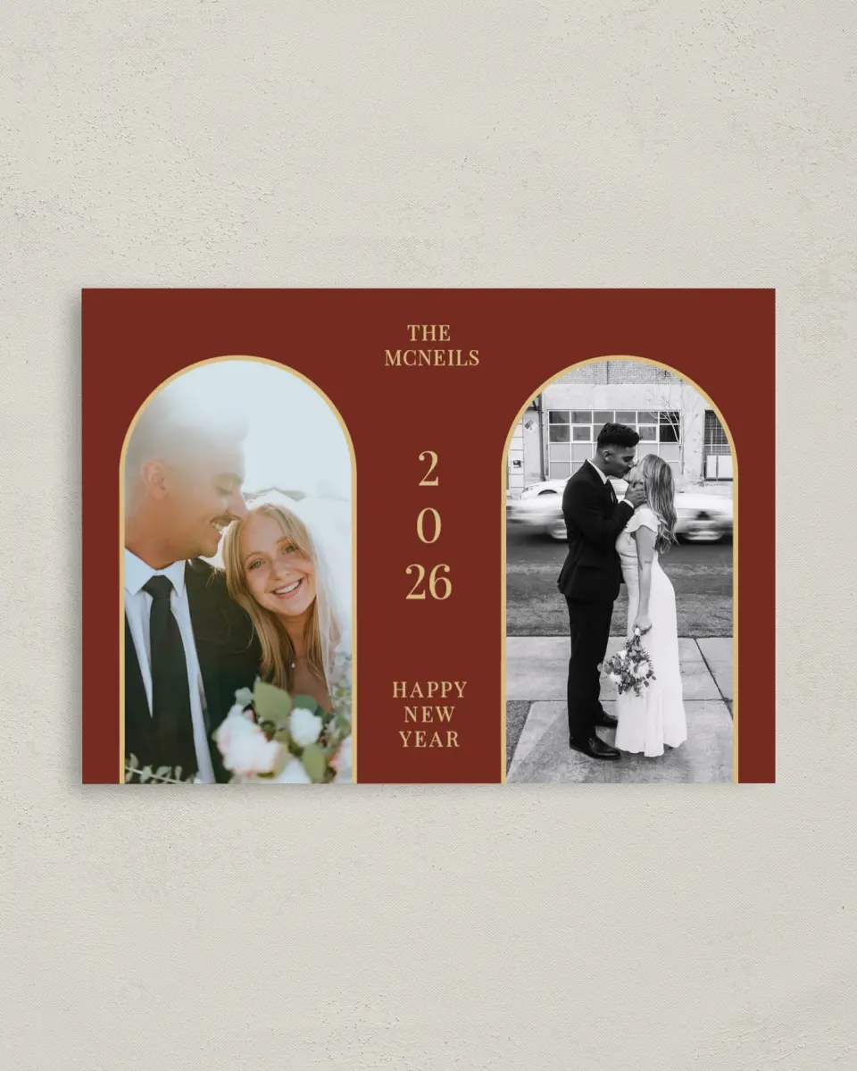 This is a 4" x 5.6" Christmas Card called Coupled Curve printed in full color with Rose Gold foil on Soft Suede (coated) paper