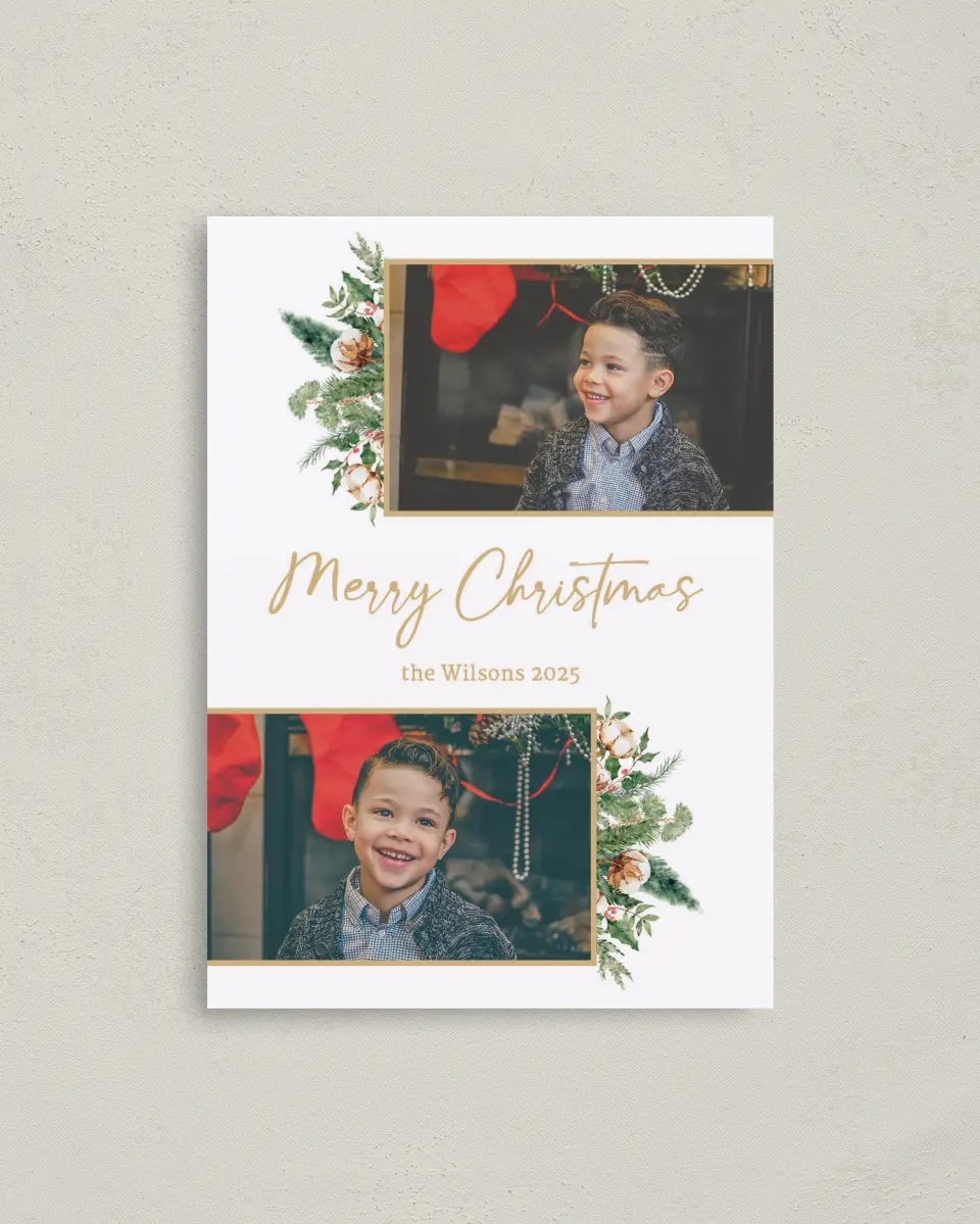 This is a 4" x 5.6" Christmas Card called Cotton & Cedar printed in full color with Silver foil on Soft Suede (coated) paper
