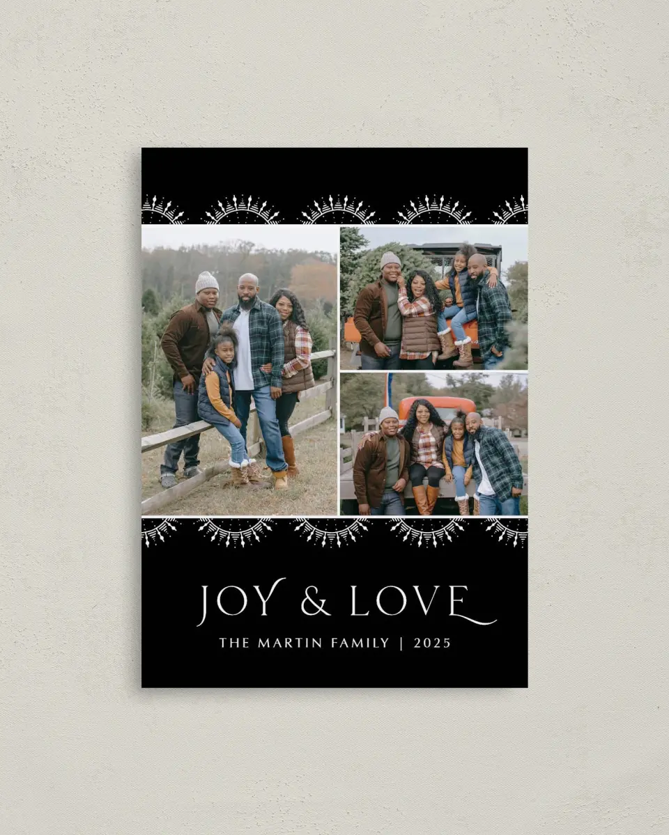 This is a 4" x 5.6" Christmas Card called Joy & Love printed in full color with Rose Gold foil on Soft Suede (coated) paper
