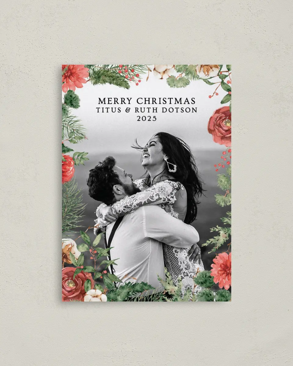 This is a 4" x 5.6" Christmas Card called In Full Bloom printed in full color with Gold foil on Soft Suede (coated) paper