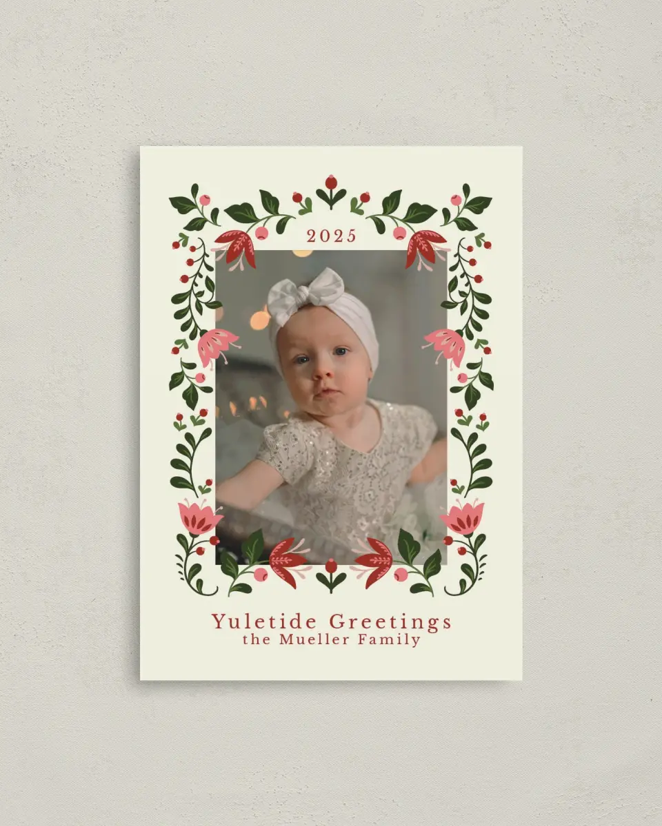 This is a 4" x 5.6" Christmas Card called Yuletide Greetings printed in full color with Rose Gold foil on Soft Suede (coated) paper