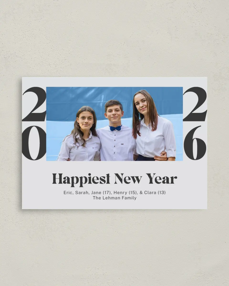 This is a 4" x 5.6" Christmas Card called Happiest New Year printed in full color on Premium Smooth paper
