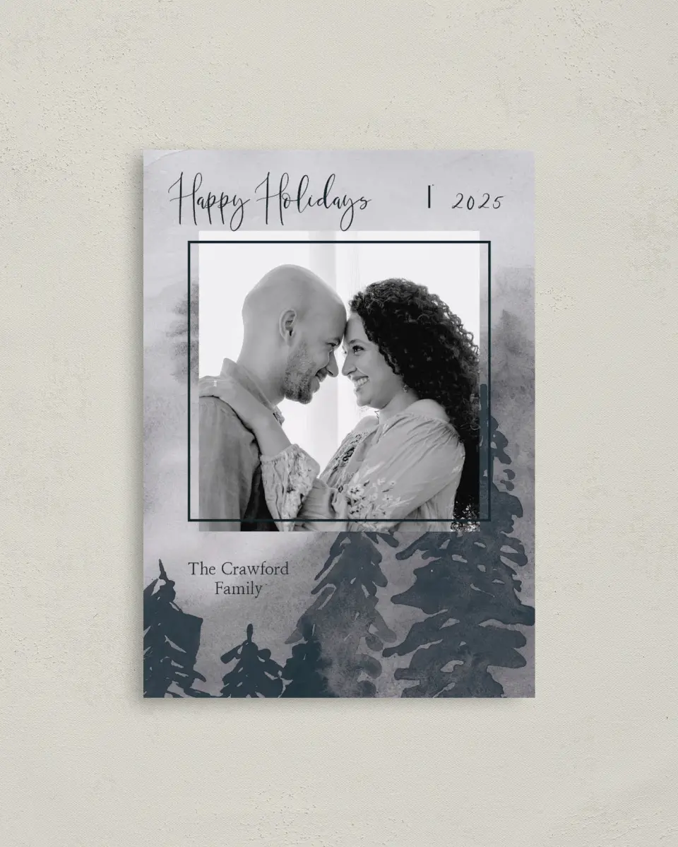 This is a 4" x 5.6" Christmas Card called Watercolor Woods printed in full color on Premium Smooth paper