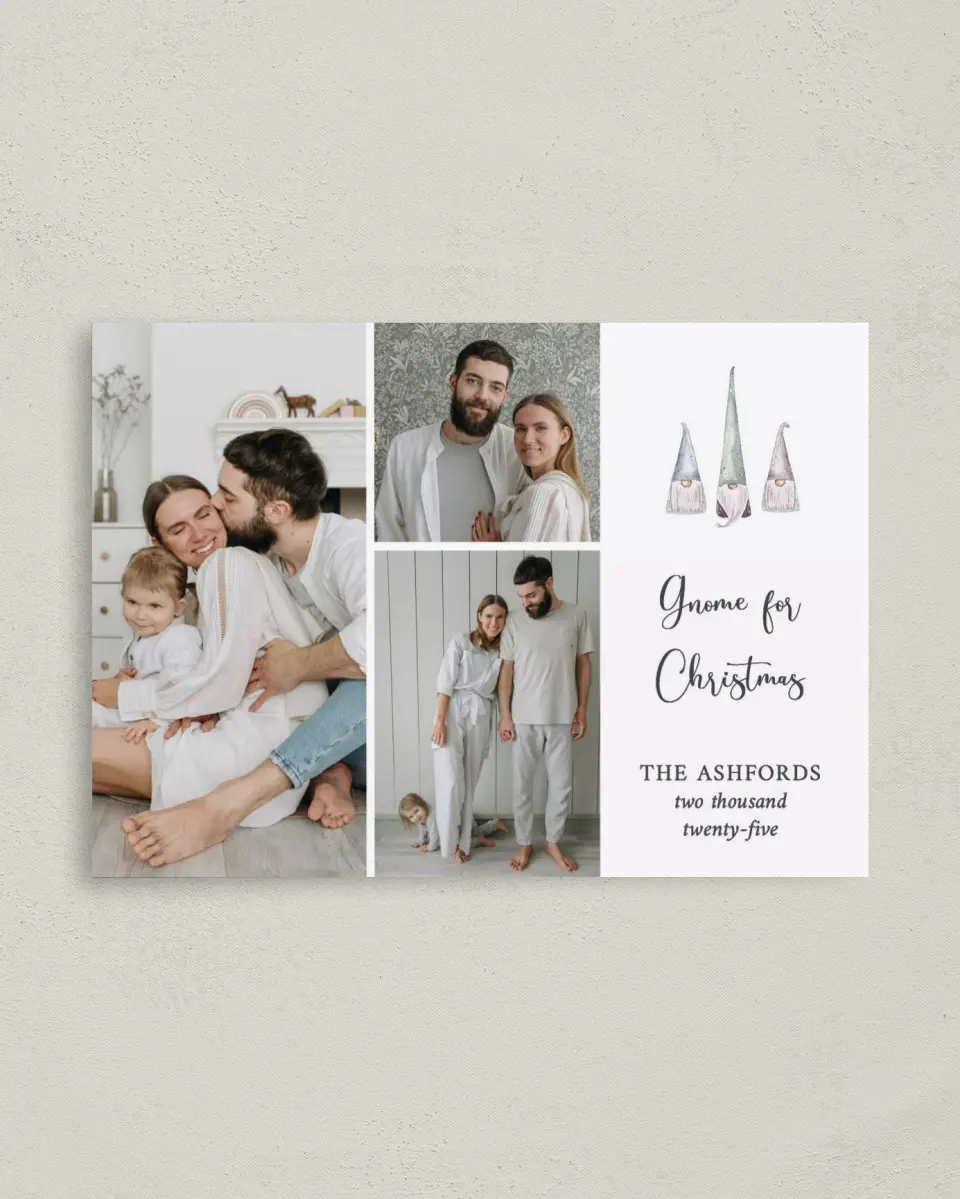This is a 4" x 5.6" Christmas Card called Gnome for Christmas printed in full color on Premium Smooth paper