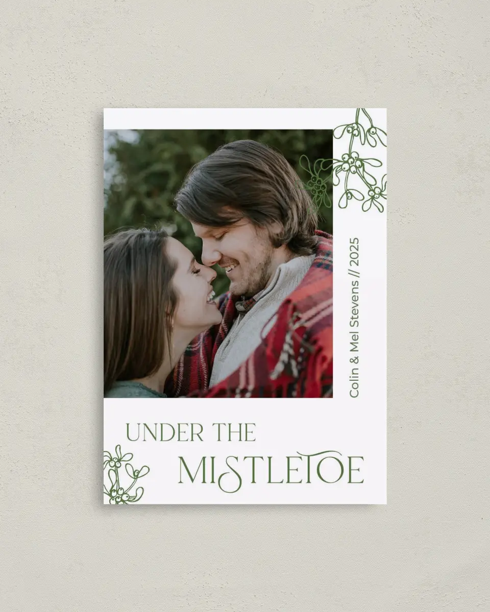 This is a 4" x 5.6" Christmas Card called Under the Mistletoe printed in full color on Premium Smooth paper