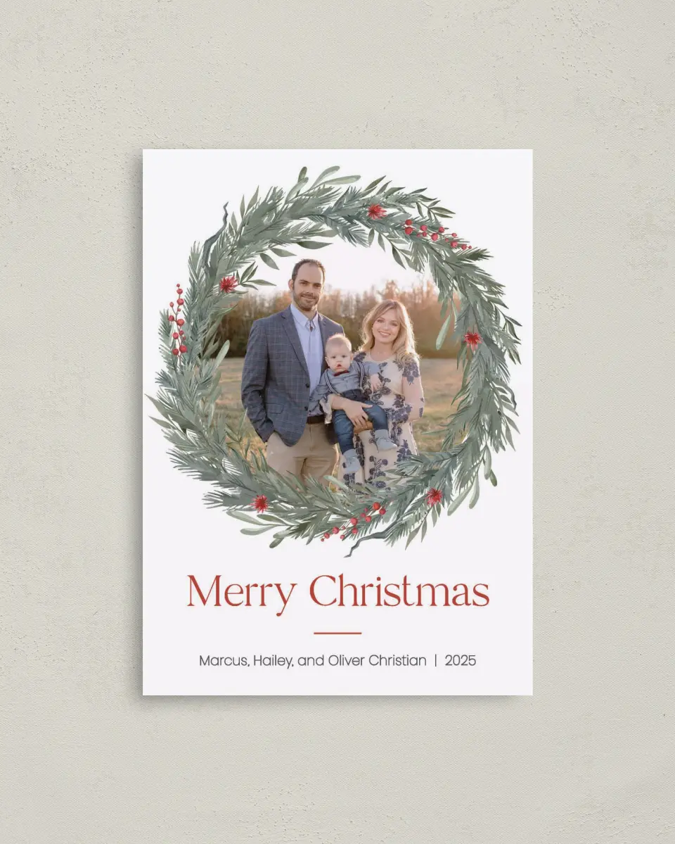 This is a 4" x 5.6" Christmas Card called Winterberry Wreath printed in full color on Premium Smooth paper