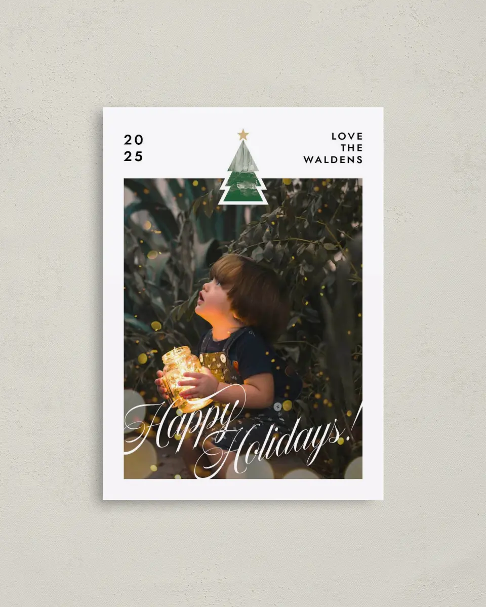 This is a 4" x 5.6" Christmas Card called Wee Tree printed in full color with Rose Gold foil on Soft Suede (coated) paper