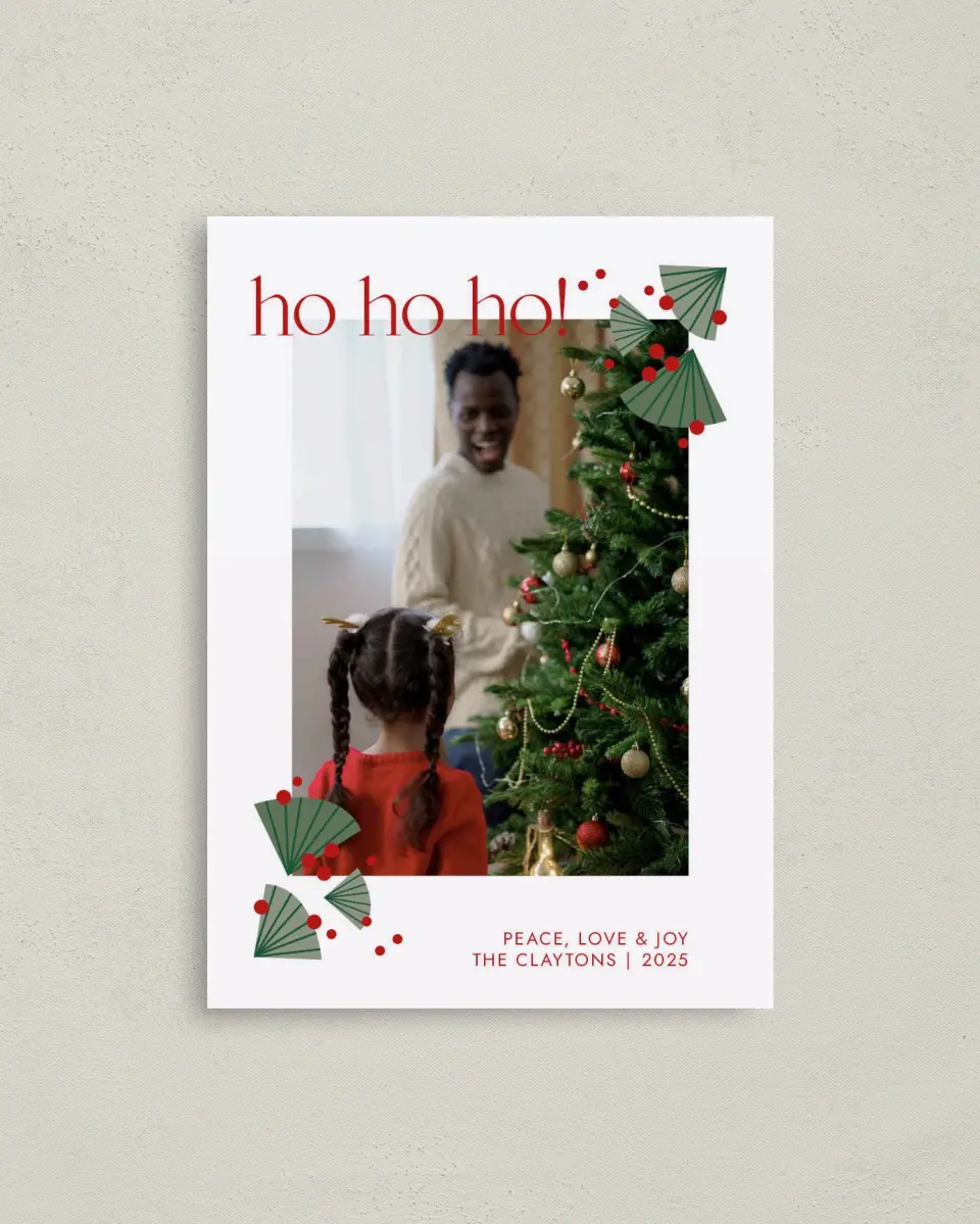 This is a 4" x 5.6" Christmas Card called Ho Ho Holly printed in full color with Rose Gold foil on Soft Suede (coated) paper