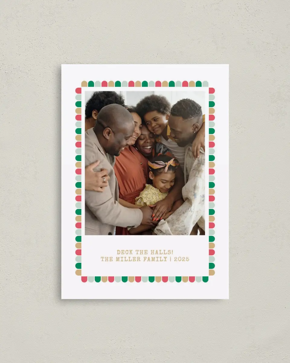 This is a 4" x 5.6" Christmas Card called Colorful Trim printed in full color with Rose Gold foil on Soft Suede (coated) paper