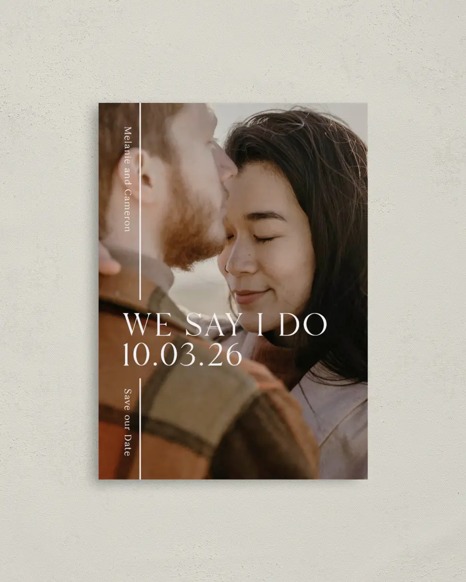 This is a 4" x 5.6" Save the Date Postcard called Fresh Line printed in full color with Rose Gold foil on Soft Touch Finish paper