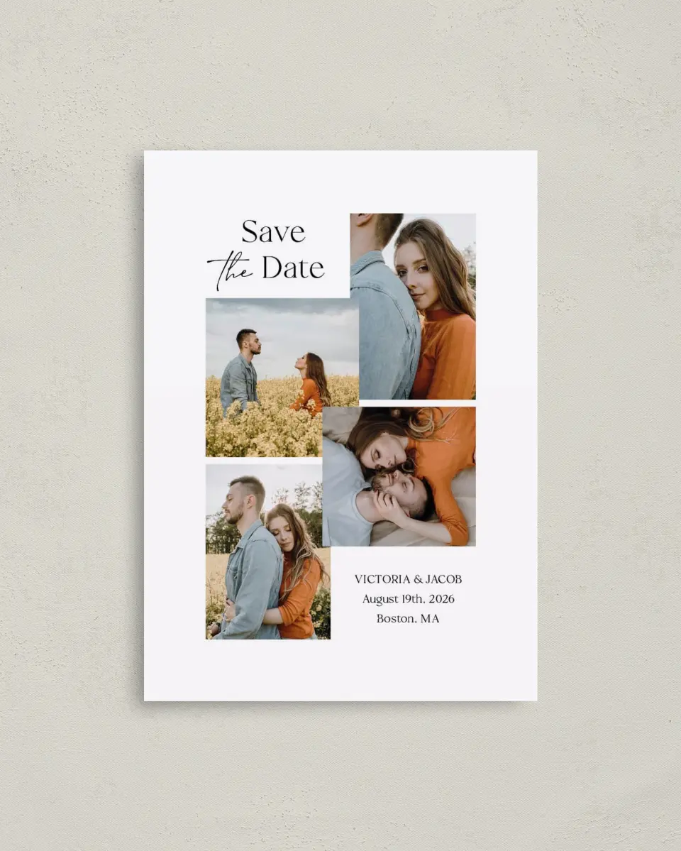 This is a 4" x 5.6" Save the Date Postcard called Captured Love printed in full color on Soft Touch Finish paper