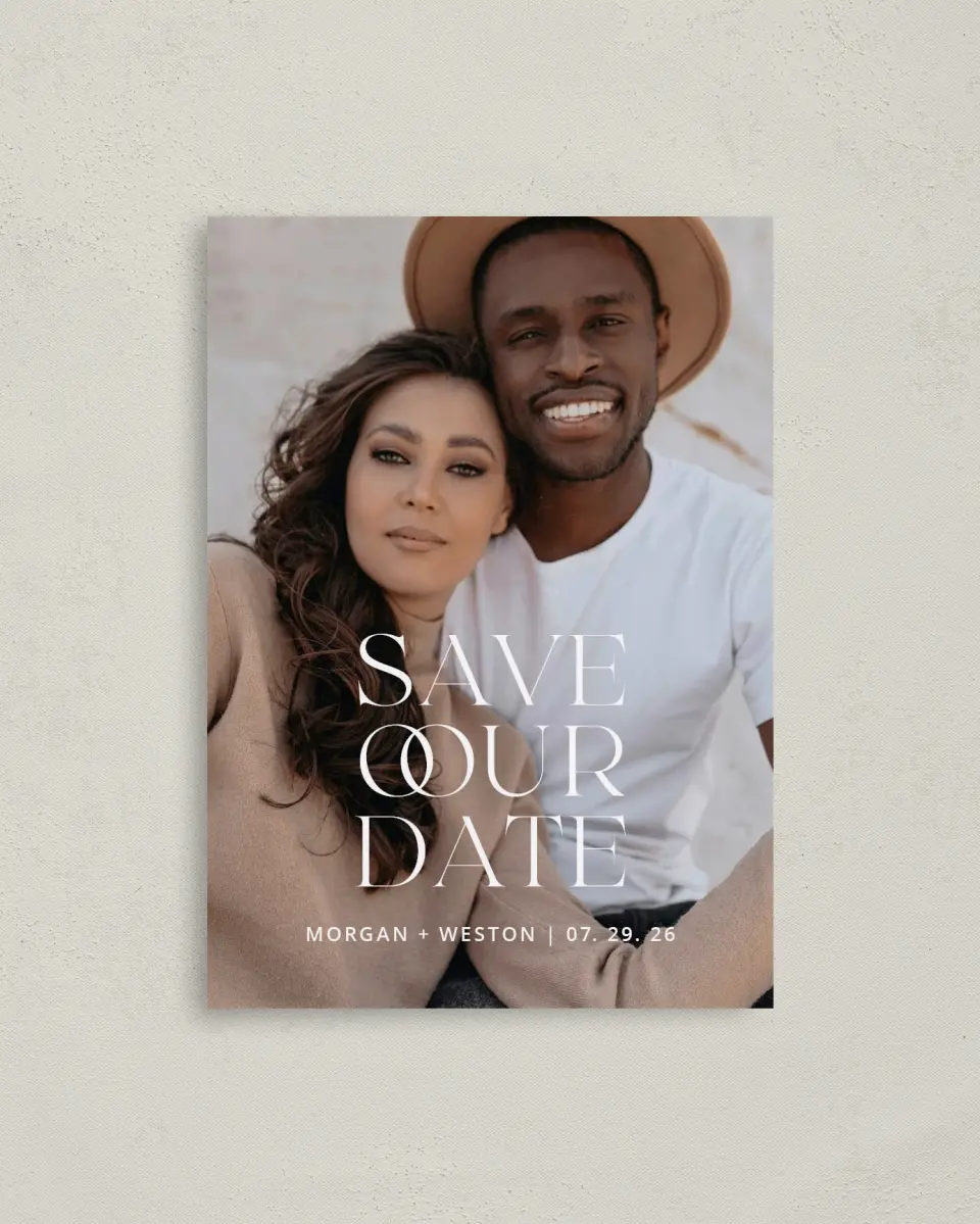 This is a 4" x 5.6" Save the Date Postcard called Pure Symbol printed in full color with Rose Gold foil on Soft Touch Finish paper