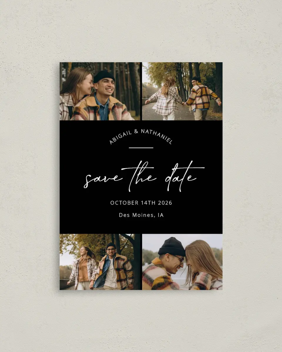This is a 4" x 5.6" Save the Date Postcard called Tidy Time printed in full color on Soft Touch Finish paper