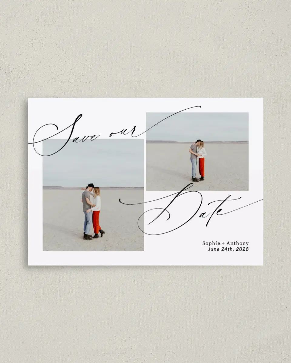 This is a 4" x 5.6" Save the Date Postcard called Graceful Script printed in full color on Soft Touch Finish paper