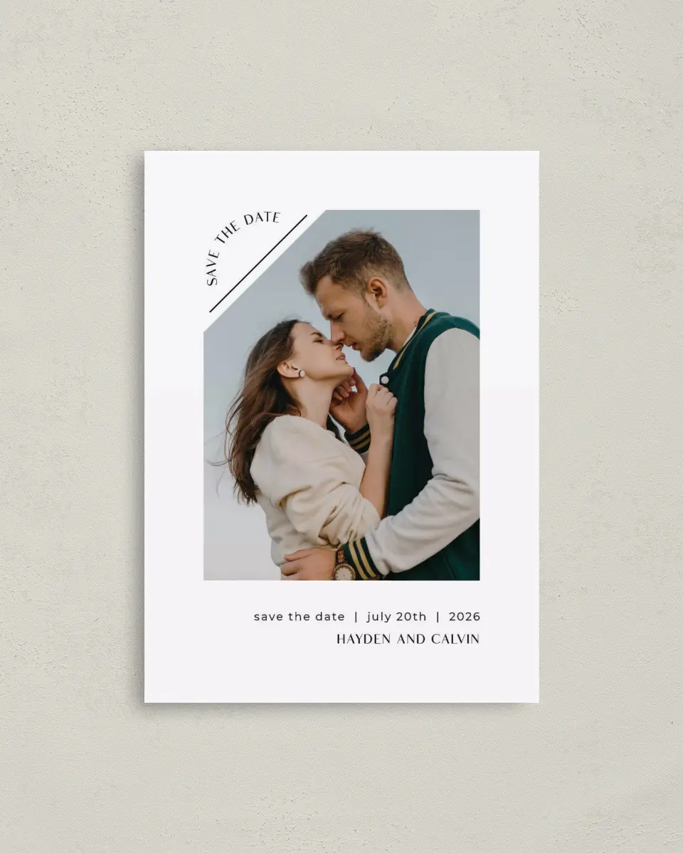 This is a 4" x 5.6" Save the Date Postcard called Neat Niche printed in full color on Soft Touch Finish paper