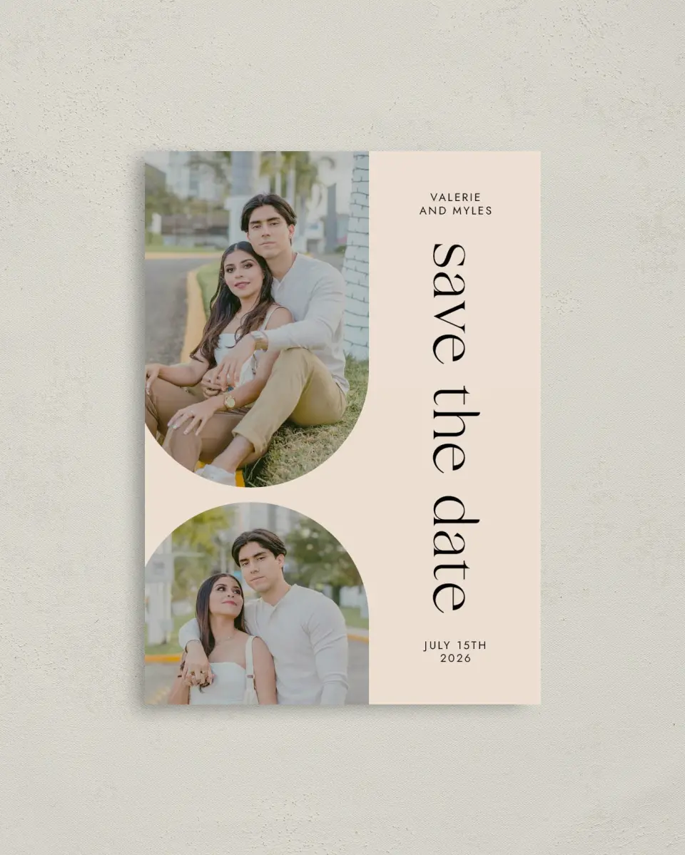 This is a 4" x 5.6" Save the Date Postcard called Spotless Curve printed in full color on Soft Touch Finish paper