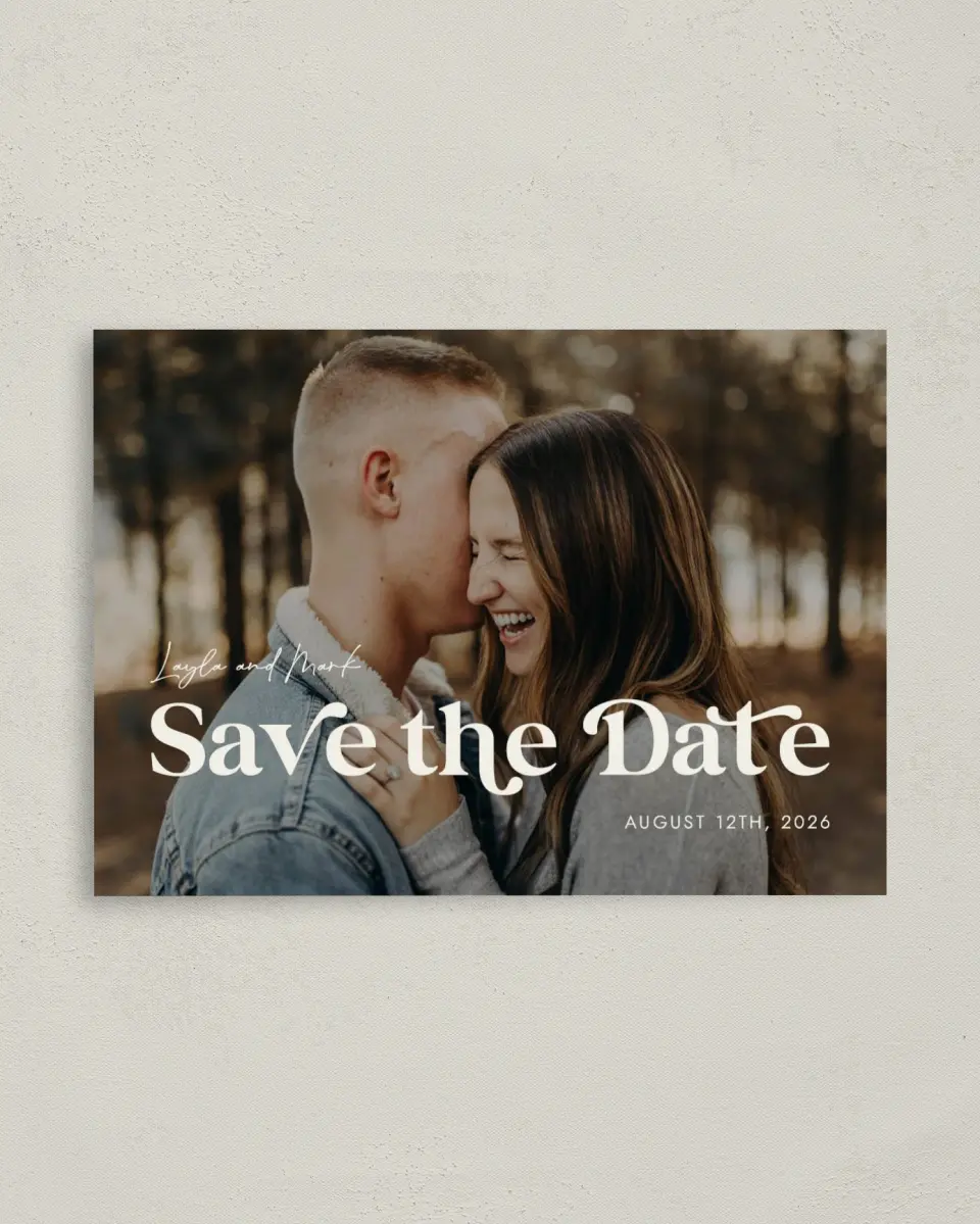 This is a 4" x 5.6" Save the Date Postcard called Sweet Reminder printed in full color on Soft Touch Finish paper