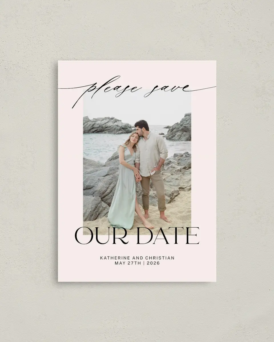 This is a 4" x 5.6" Save the Date Postcard called Connected Couple printed in full color with Rose Gold foil on Soft Touch Finish paper