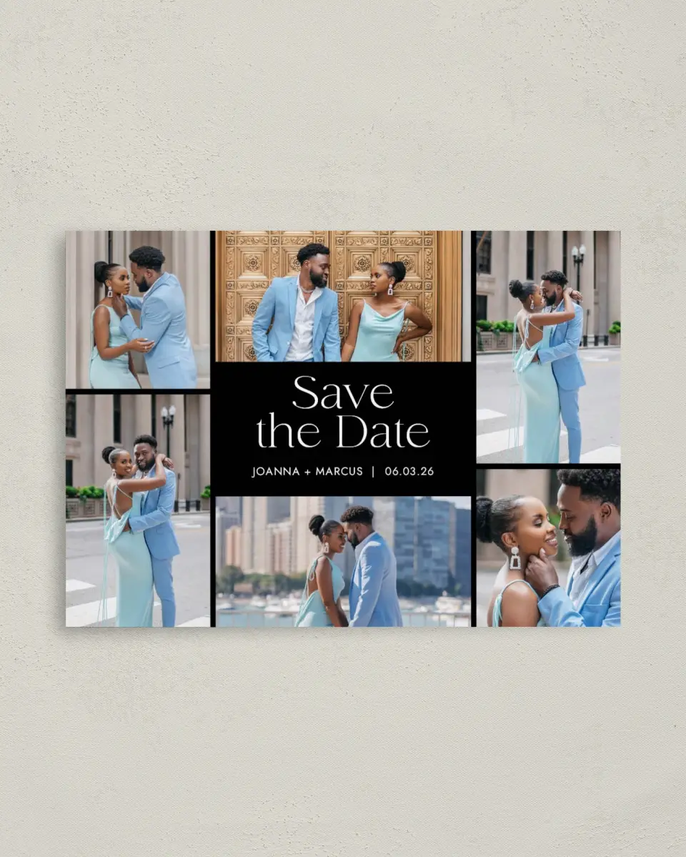 This is a 4" x 5.6" Save the Date Postcard called Artful Abundance printed in full color on Soft Touch Finish paper