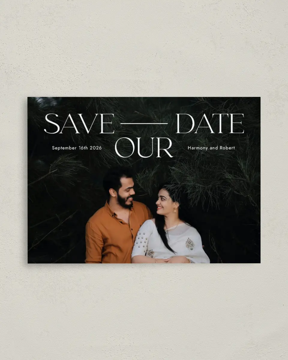 This is a 4" x 5.6" Save the Date Postcard called United in Love printed in full color on Soft Touch Finish paper