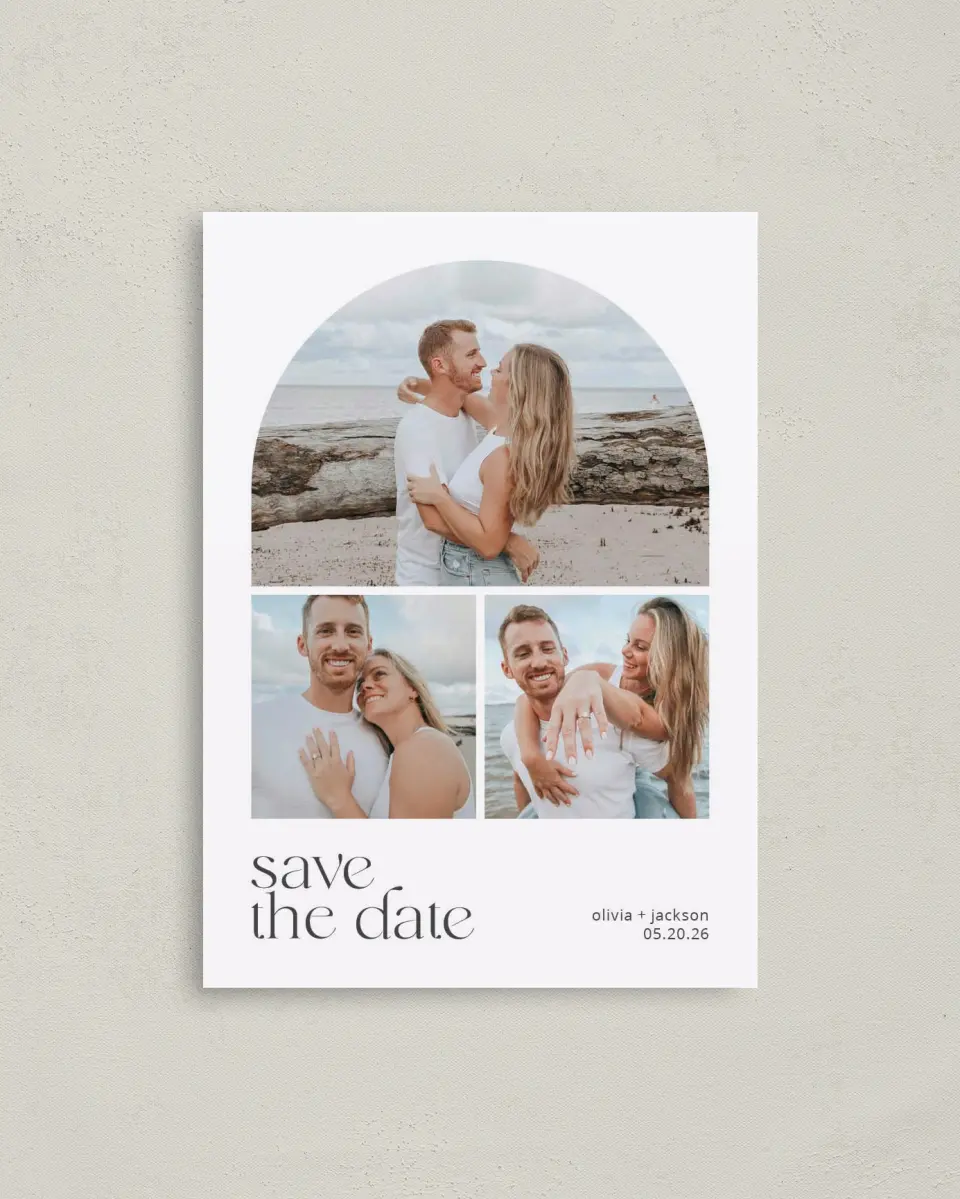This is a 4" x 5.6" Save the Date Postcard called Cheerful Curve printed in full color with Rose Gold foil on Soft Touch Finish paper