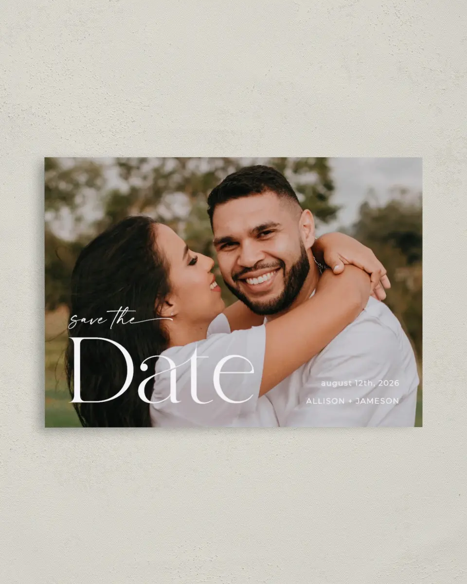 This is a 4" x 5.6" Save the Date Postcard called Grand Date printed in full color on Soft Touch Finish paper