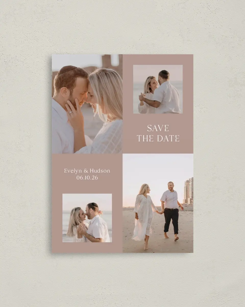This is a 4" x 5.6" Save the Date Postcard called Daring Duo printed in full color on Soft Touch Finish paper