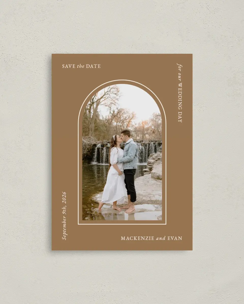 This is a 4" x 5.6" Save the Date Postcard called Steady Adoration printed in full color on Soft Touch Finish paper