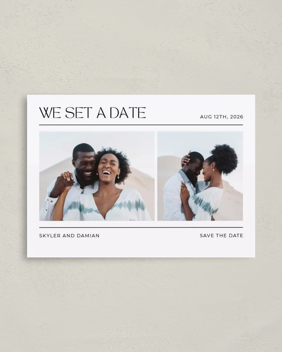 This is a 4" x 5.6" Save the Date Postcard called Savvy Set printed in full color on Soft Touch Finish paper