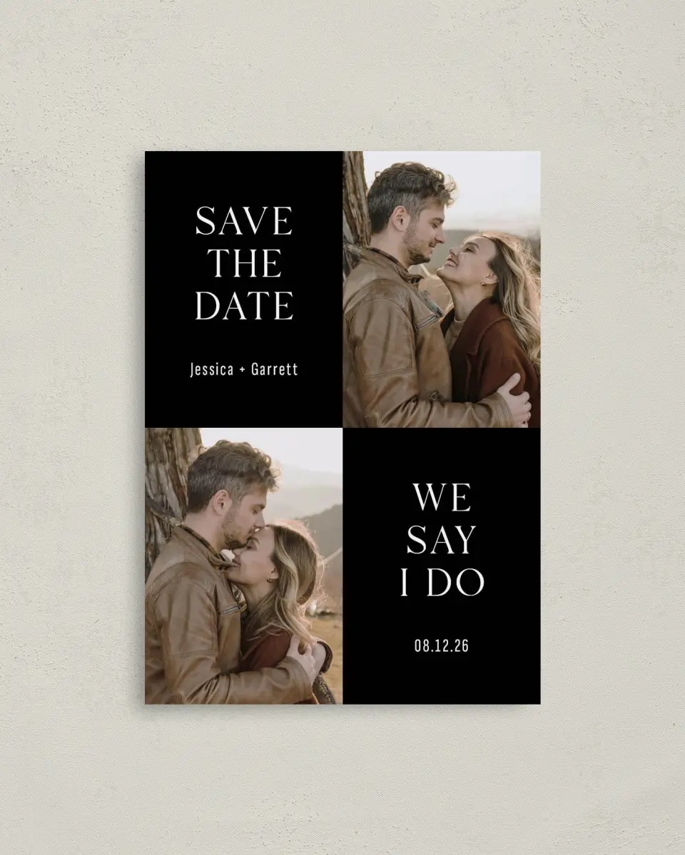 This is a 4" x 5.6" Save the Date Postcard called Smart Setting printed in full color with Rose Gold foil on Soft Touch Finish paper