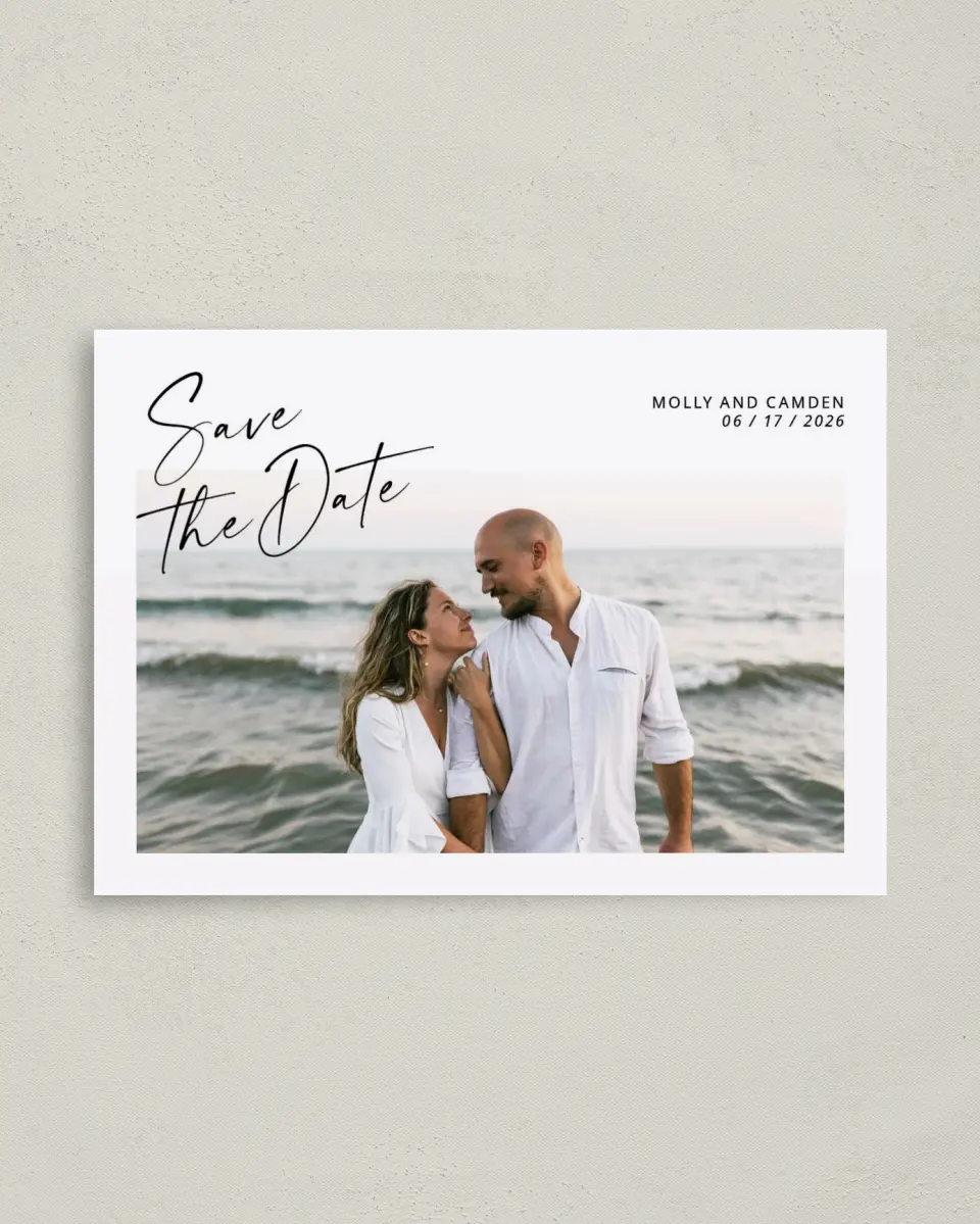 This is a 4" x 5.6" Save the Date Postcard called Gentle Spark printed in full color on Soft Touch Finish paper