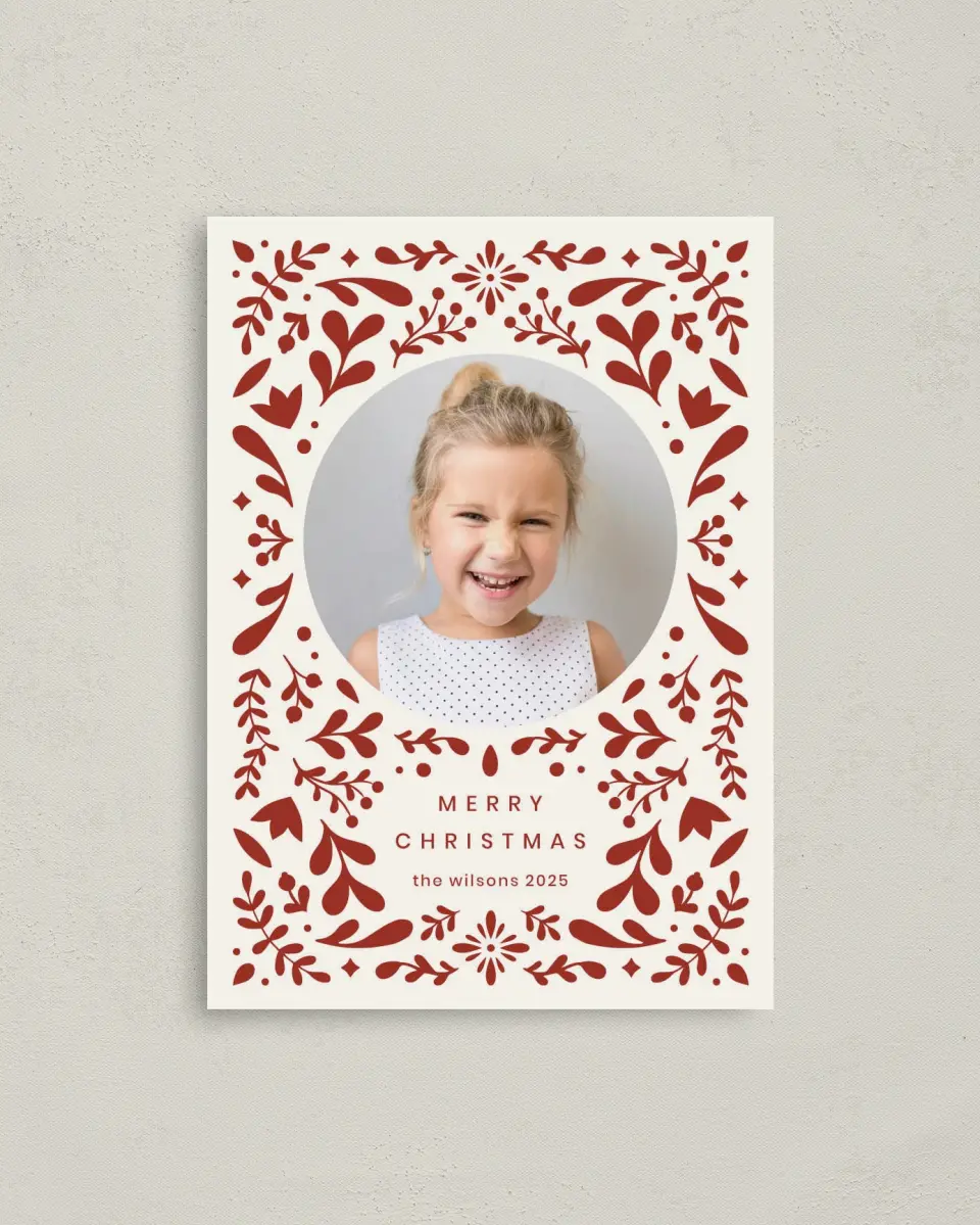 This is a 4" x 5.6" Christmas Card called Holiday Folk printed in full color on Premium Smooth paper