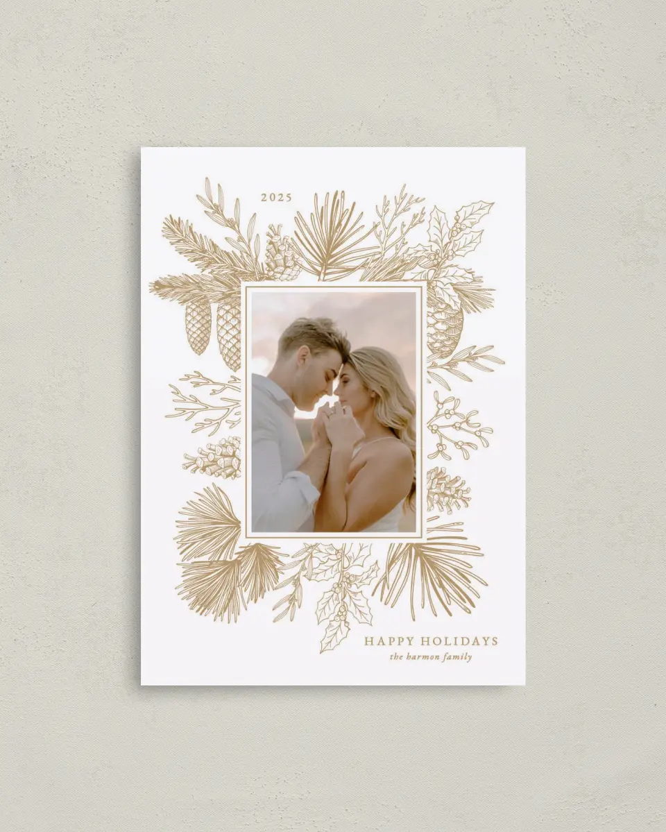 This is a 4" x 5.6" Christmas Card called Gilded Pine printed in full color on Premium Smooth paper