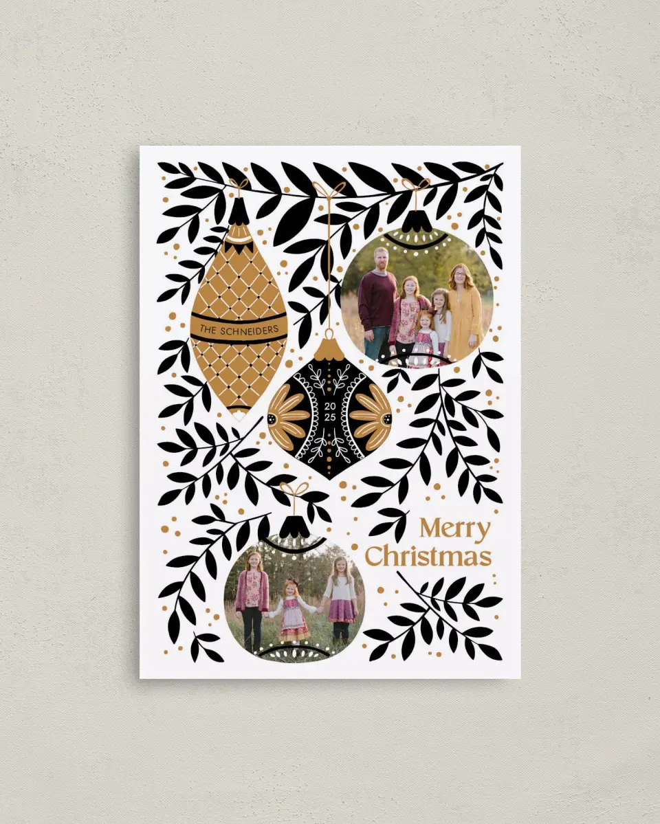 This is a 4" x 5.6" Christmas Card called Folksy Ornaments printed in full color on Premium Smooth paper