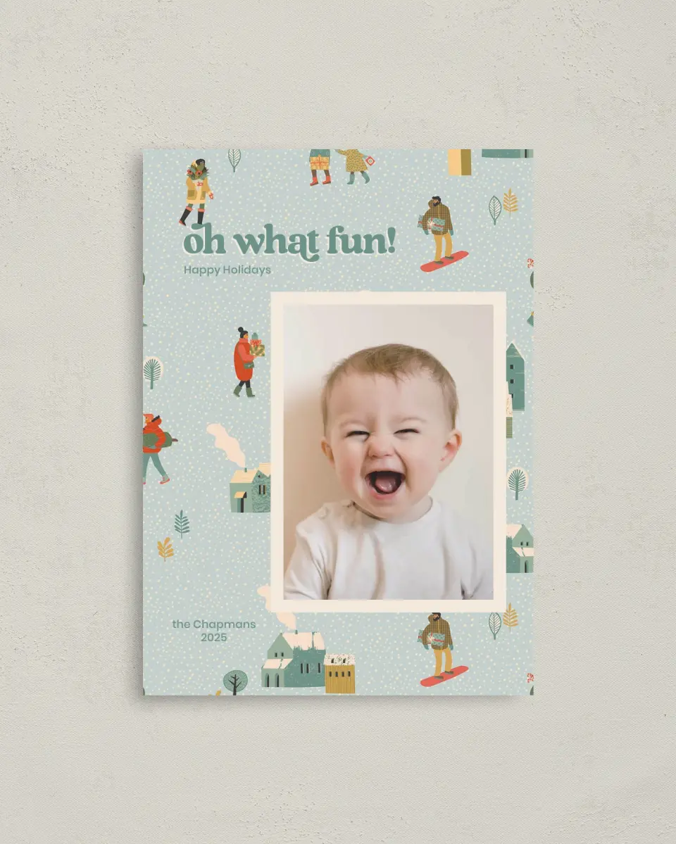 This is a 4" x 5.6" Christmas Card called Townfolk Fun printed in full color on Premium Smooth paper