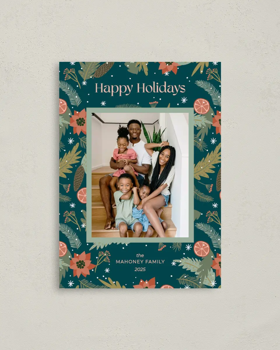 This is a 4" x 5.6" Christmas Card called Darling Delight printed in full color with Silver foil on Soft Suede (coated) paper