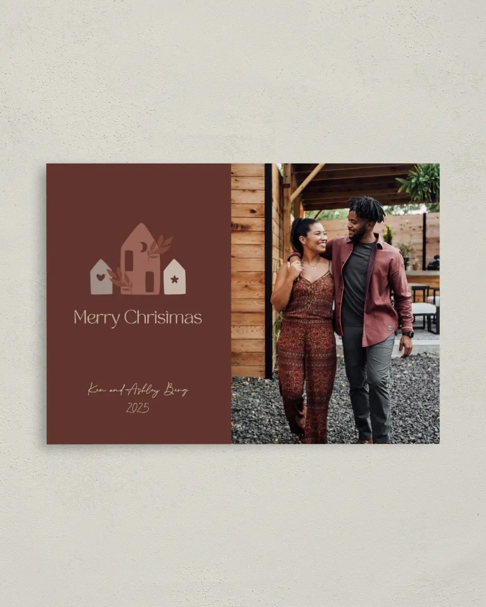 This is a 4" x 5.6" Christmas Card called Hygge Homes printed in full color with Silver foil on Soft Suede (coated) paper