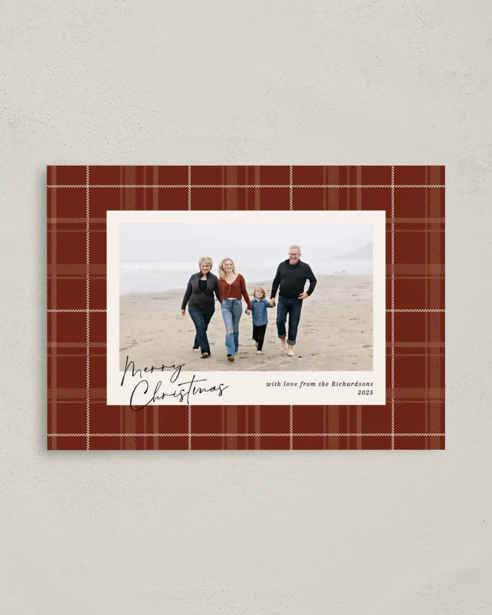 This is a 4" x 5.6" Christmas Card called Peaceful Plaid printed in full color with Rose Gold foil on Soft Suede (coated) paper