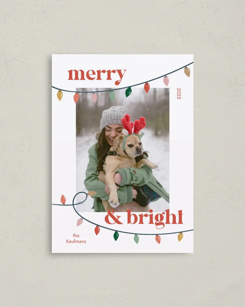 This is a 4" x 5.6" Christmas Card called Bright Lights printed in full color with Gold foil on Soft Suede (coated) paper
