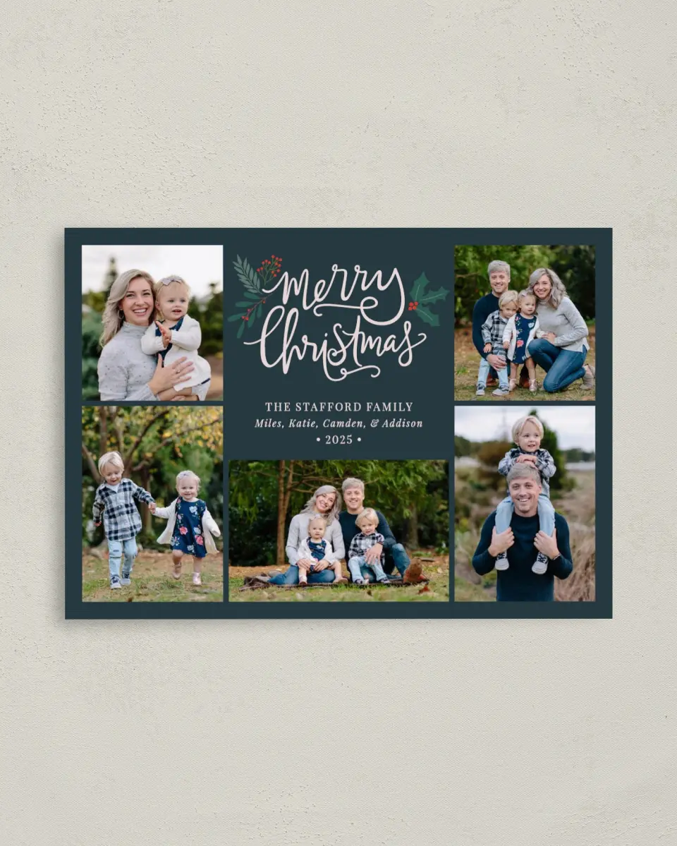 This is a 4" x 5.6" Christmas Card called Handwritten Christmas printed in full color with Silver foil on Soft Suede (coated) paper